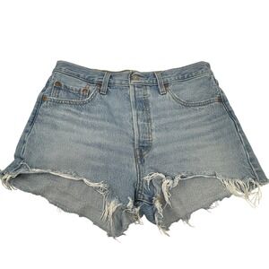 Levis‎ Premium Denim Shorts Womens 28 Light Wash Frayed Hem High Rise Button Fly